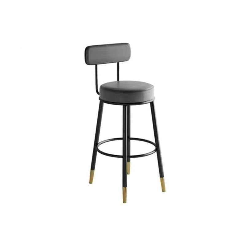 Contemporary Nordic Round Bar Stool - Upholstered Iron Frame with Backrest & Footrest, Available in PU Leather, Microfiber Leather, or Genuine Leather for Dining Room
