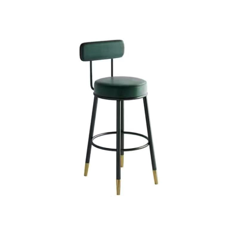 Contemporary Nordic Round Bar Stool - Upholstered Iron Frame with Backrest & Footrest, Available in PU Leather, Microfiber Leather, or Genuine Leather for Dining Room