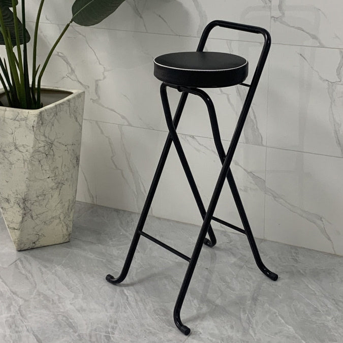Contemporary Industrial Round PU Leather Bar Stool with Iron Tube Frame, Foldable, Low-Back with Footrest - Ideal for Dining Room