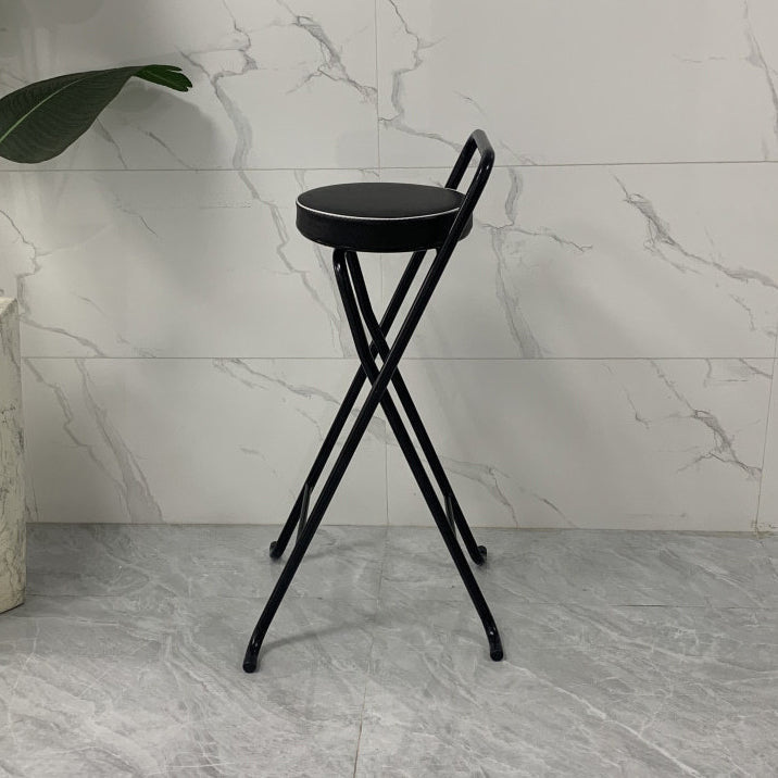 Contemporary Industrial Round PU Leather Bar Stool with Iron Tube Frame, Foldable, Low-Back with Footrest - Ideal for Dining Room