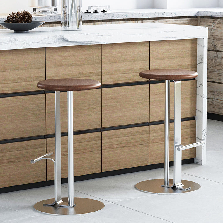 Traditional Colonial Round Solid Wood Bar Stool with Footrest – Backless, Metal Accents for Dining Room