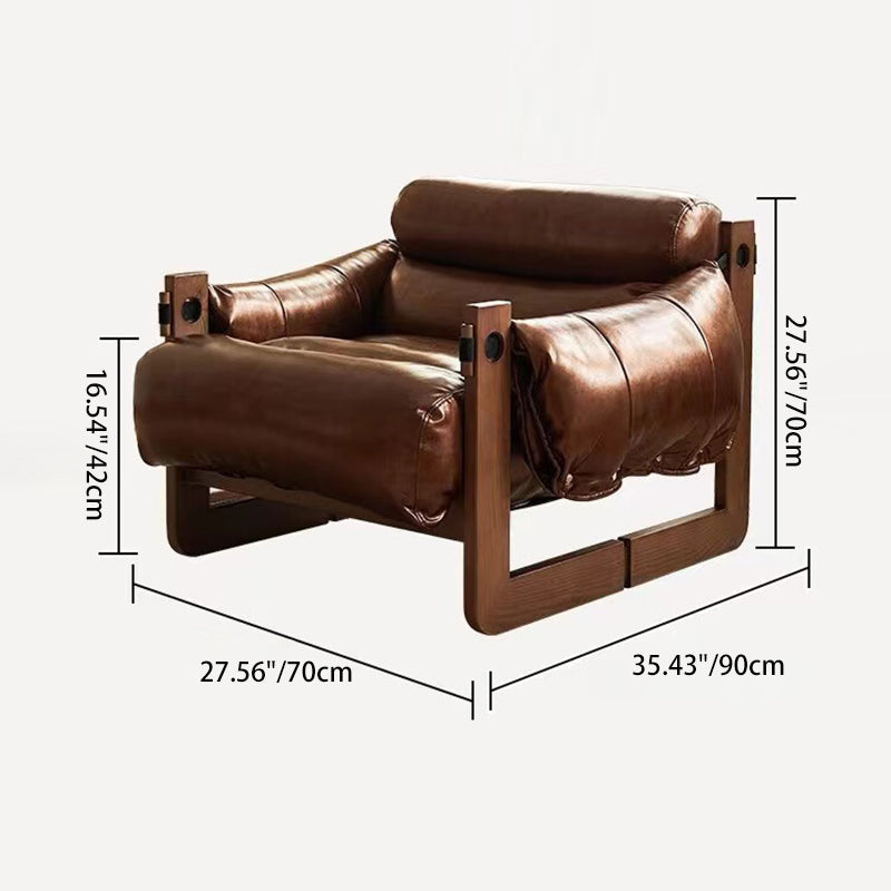 Classic Vintage Leather-Accent Chair with Wood Frame, Rectangular Backrest and Armrests for Living Room