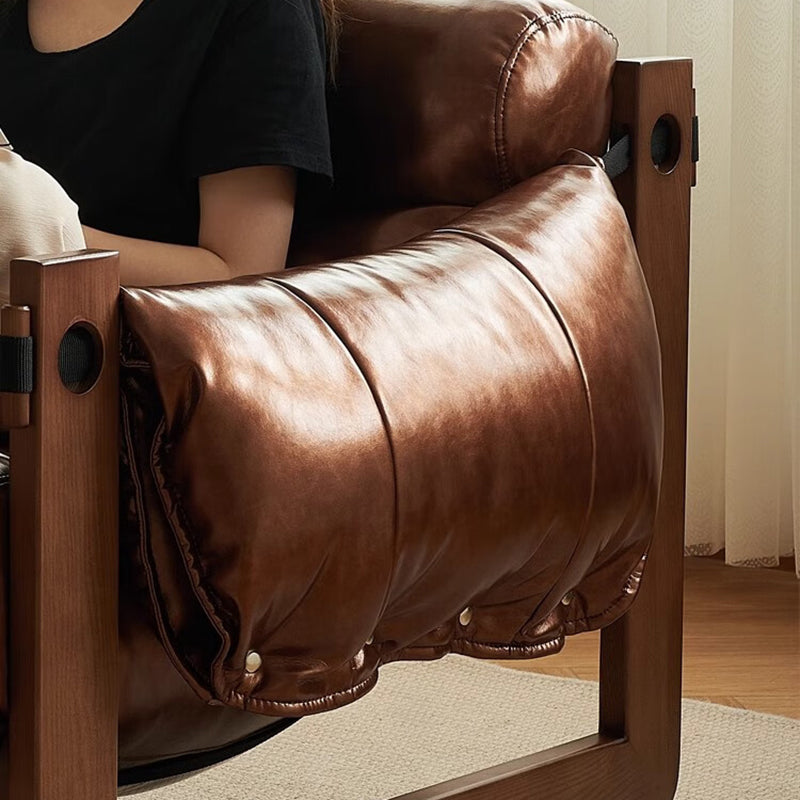 Classic Vintage Leather-Accent Chair with Wood Frame, Rectangular Backrest and Armrests for Living Room