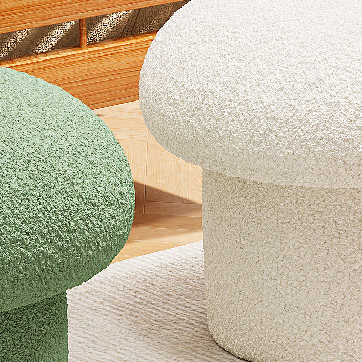 Scandinavian Contemporary Mushroom-Style Vanity Stool — Round Wood Cylinder with Lambswool, Bedroom Accent