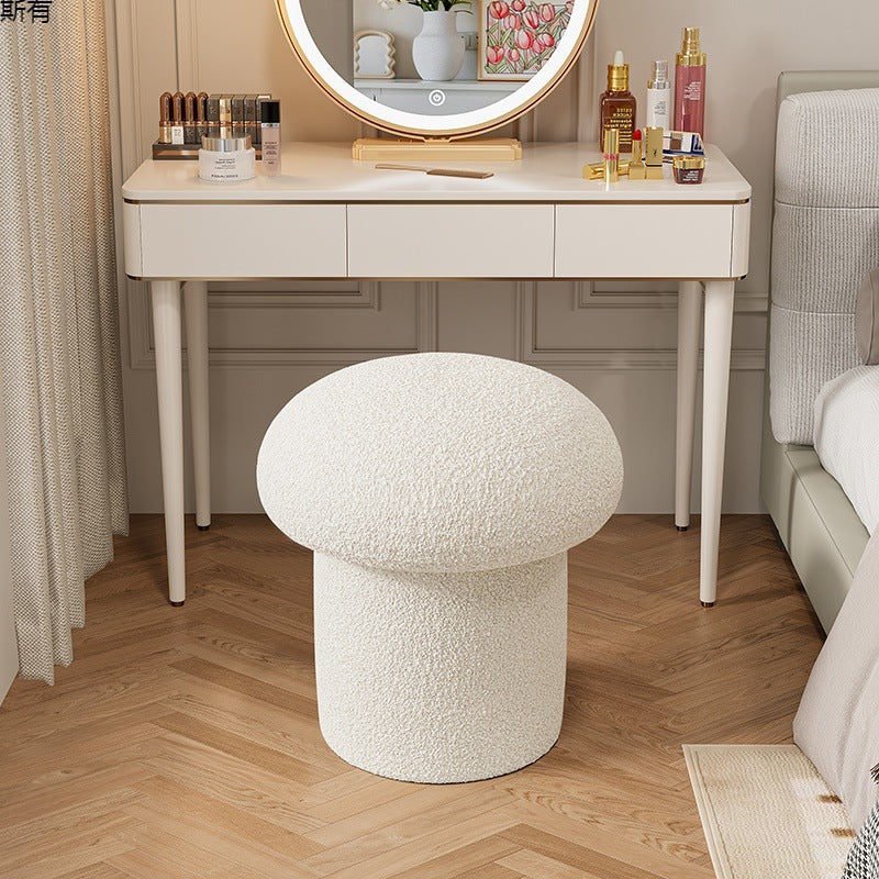 Scandinavian Contemporary Mushroom-Style Vanity Stool — Round Wood Cylinder with Lambswool, Bedroom Accent