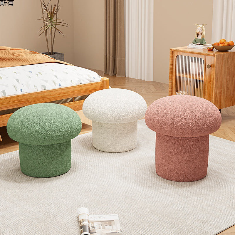 Scandinavian Contemporary Mushroom-Style Vanity Stool — Round Wood Cylinder with Lambswool, Bedroom Accent