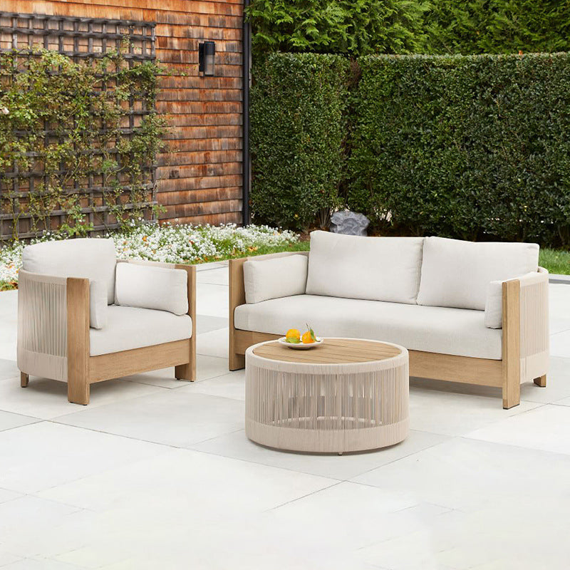 Modern Luxury Square Solid Wood Outdoor Sofa with Sponge Rope Cushions, Backrest and Armrests