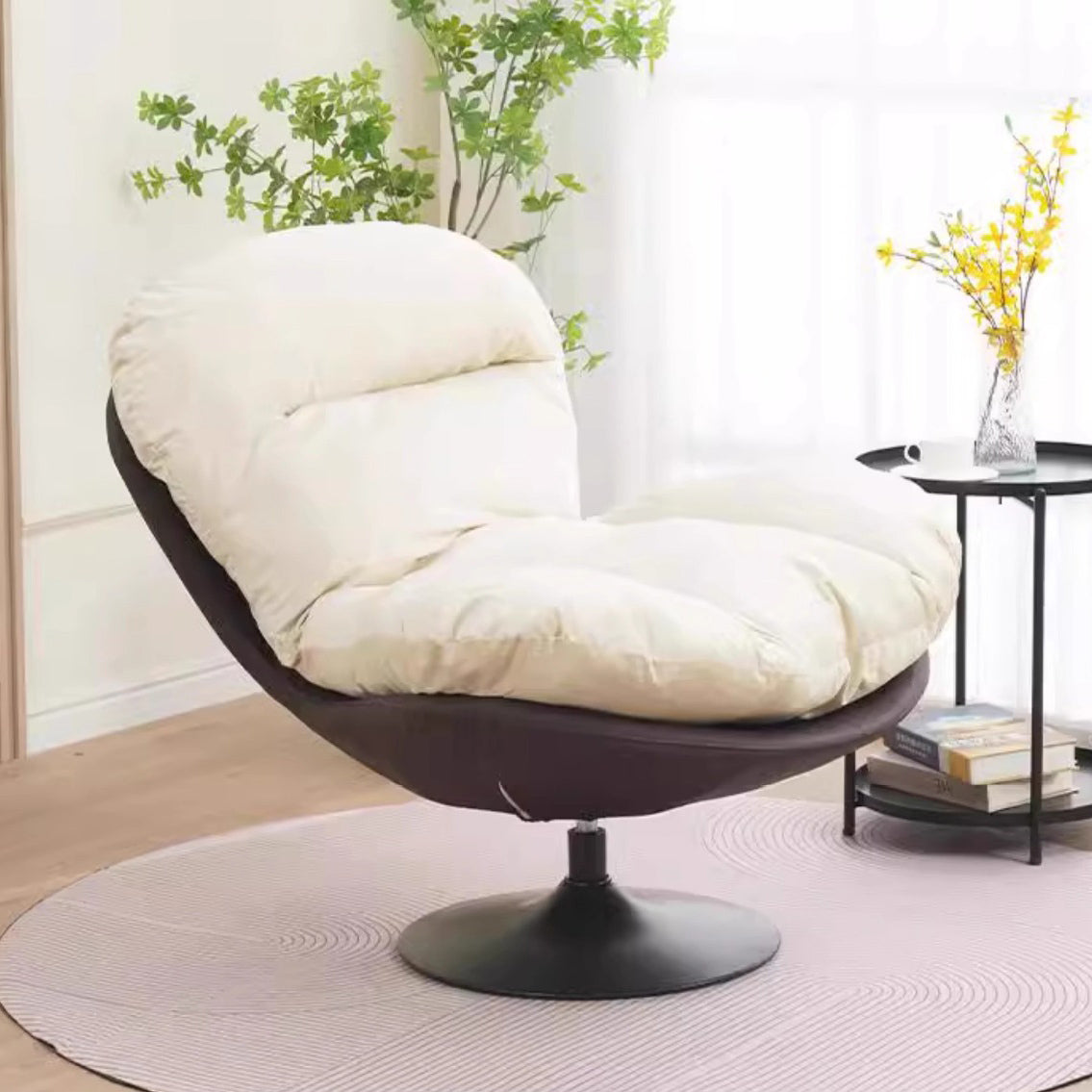 Nordic Contemporary Armless Swivel Sofa with Circular Arc Carbon Steel Frame, Velvet-Cotton Upholstery and Pearly Plastic Accents – Living Room