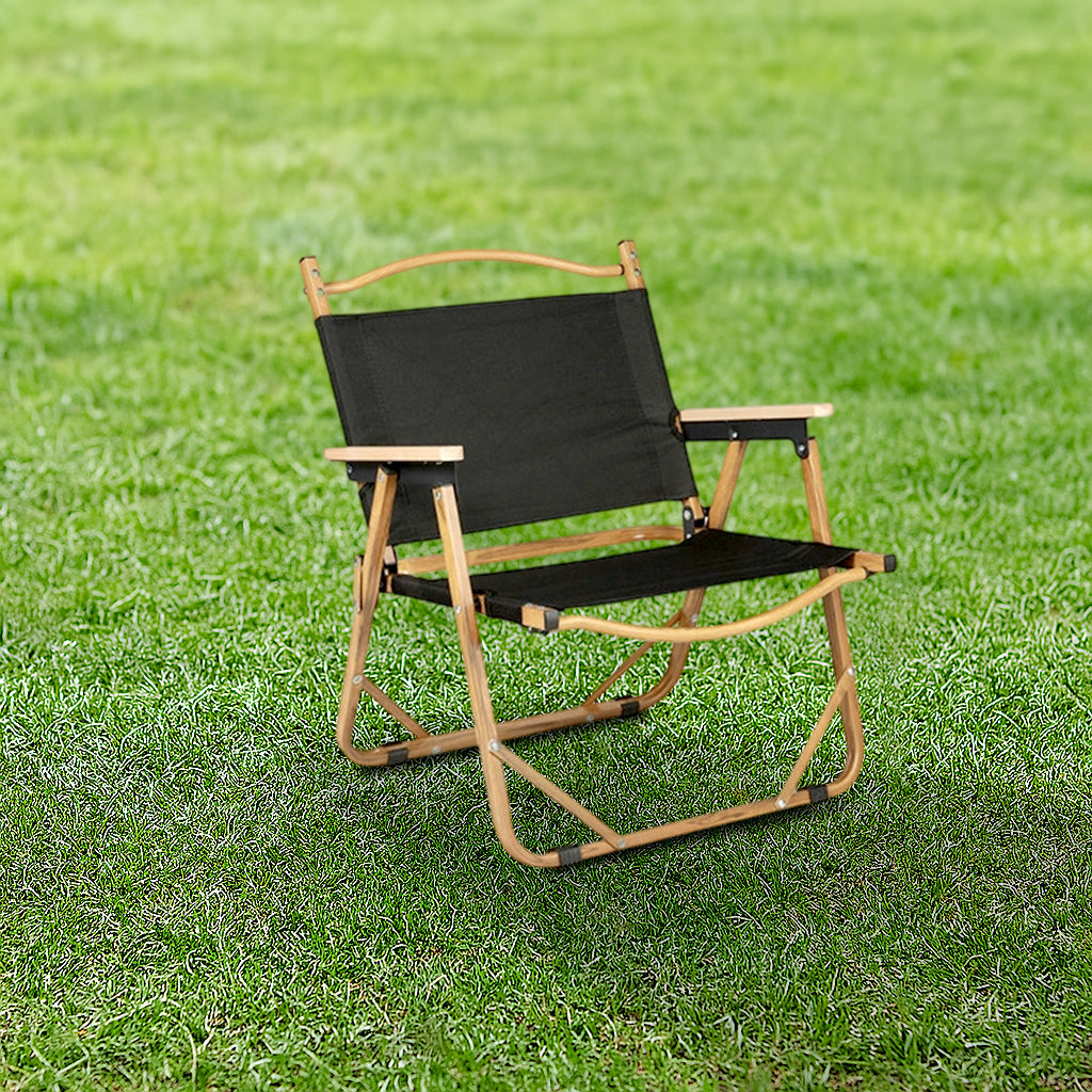 Modern Minimalist Rectangle Folding Outdoor Chair – Carbon Steel & Aluminum Alloy Frame, Beech Wood Armrests, Oxford Fabric Seat, PET Backrest, Portable & Detachable for Garden and Camping