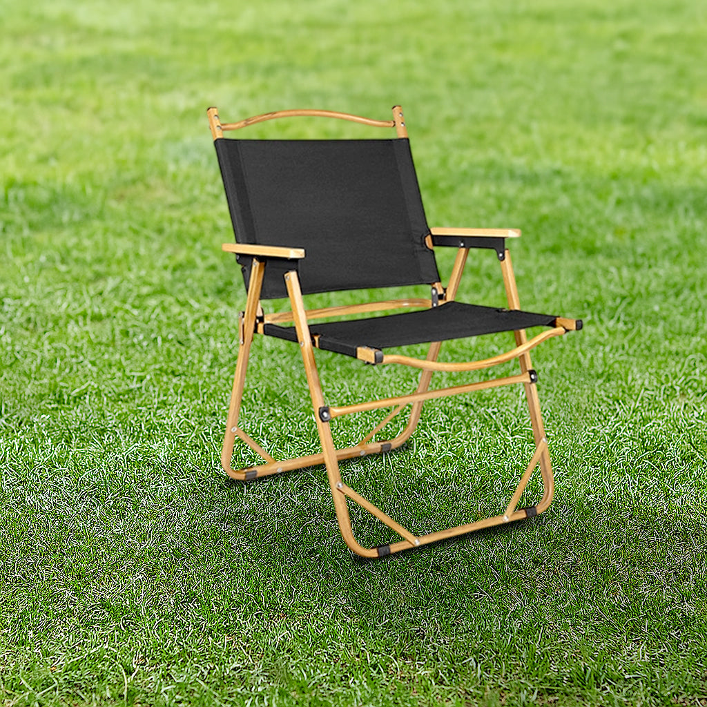 Modern Minimalist Rectangle Folding Outdoor Chair – Carbon Steel & Aluminum Alloy Frame, Beech Wood Armrests, Oxford Fabric Seat, PET Backrest, Portable & Detachable for Garden and Camping
