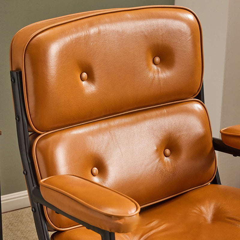 Contemporary Scandinavian Swivel Desk Chair with Rectangular Metal Frame, PU and Genuine Leather Cushioned Seat, Liftable Backrest and Armrests for Home Office
