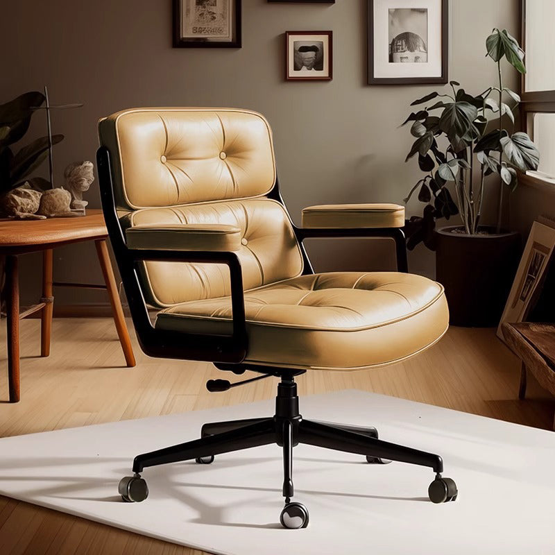 Contemporary Scandinavian Swivel Desk Chair with Rectangular Metal Frame, PU and Genuine Leather Cushioned Seat, Liftable Backrest and Armrests for Home Office