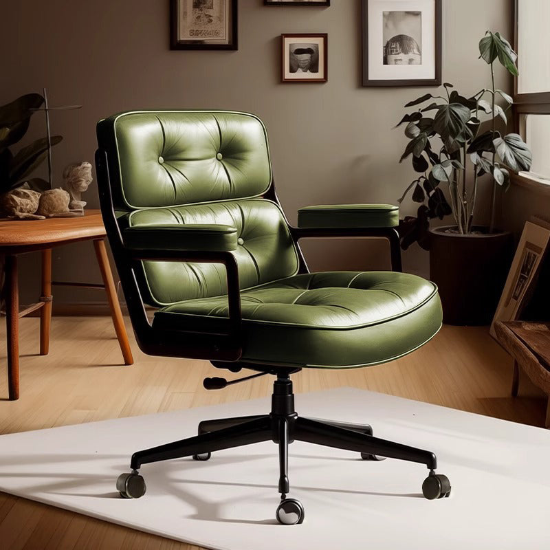 Contemporary Scandinavian Swivel Desk Chair with Rectangular Metal Frame, PU and Genuine Leather Cushioned Seat, Liftable Backrest and Armrests for Home Office