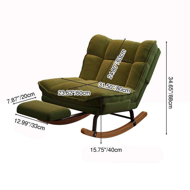 Nordic Contemporary Rectangular Rubberwood Rocking Chair with Iron Frame, Corduroy Upholstery and Plush Sponge Cushion, Detachable Backrest, Armless for Bedroom