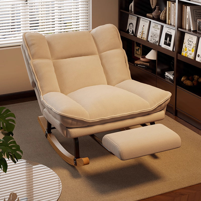 Nordic Contemporary Rectangular Rubberwood Rocking Chair with Iron Frame, Corduroy Upholstery and Plush Sponge Cushion, Detachable Backrest, Armless for Bedroom