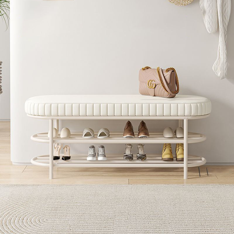 Contemporary Scandinavian Oval Velvet Upholstered Shoe Bench with Iron Frame — Armless for Entryways