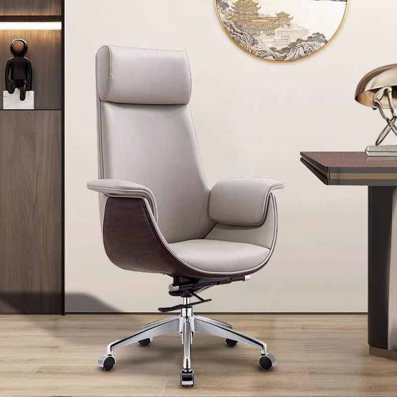 Modern Minimalist Desk Chair with Microfiber Leather Upholstery, Aluminum Alloy Frame, Cushioned Rectangular Wood-Grain Backrest, Adjustable for Home Office