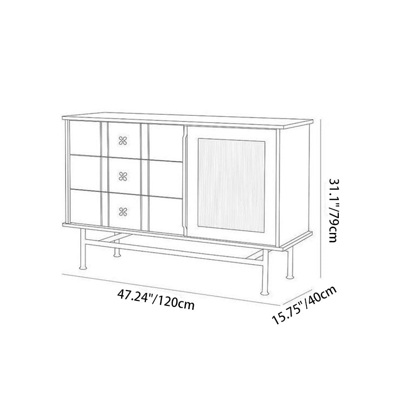 Contemporary Retro Rectangular Pine Wood Sideboard with 3 Drawers – Solid Wood, Boxwood & Multi-Layer Board, Stainless Steel & Glass Storage Cabinet for Living Room