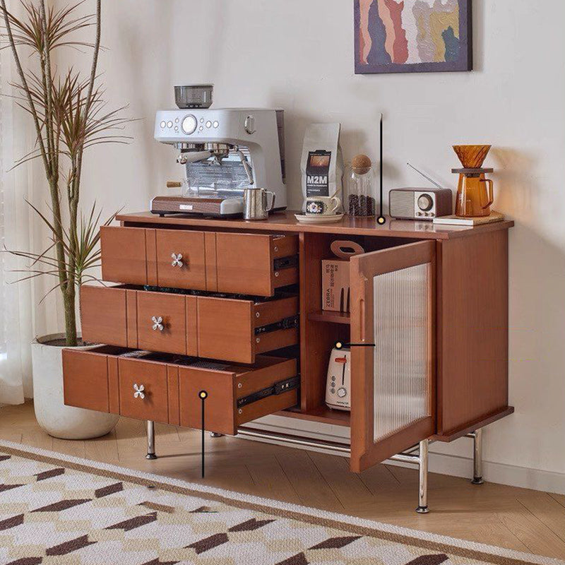 Contemporary Retro Rectangular Pine Wood Sideboard with 3 Drawers – Solid Wood, Boxwood & Multi-Layer Board, Stainless Steel & Glass Storage Cabinet for Living Room