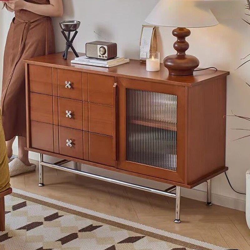 Contemporary Retro Rectangular Pine Wood Sideboard with 3 Drawers – Solid Wood, Boxwood & Multi-Layer Board, Stainless Steel & Glass Storage Cabinet for Living Room
