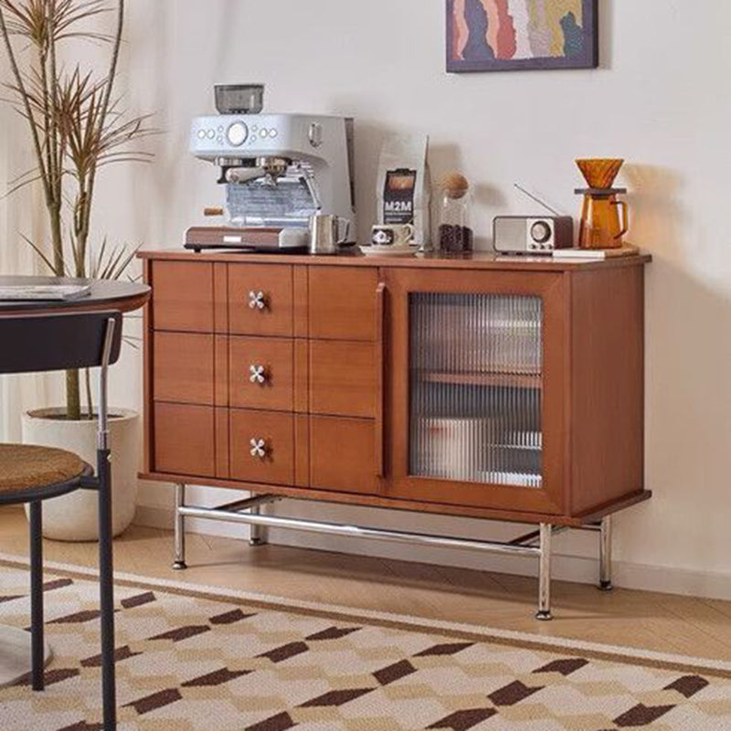 Contemporary Retro Rectangular Pine Wood Sideboard with 3 Drawers – Solid Wood, Boxwood & Multi-Layer Board, Stainless Steel & Glass Storage Cabinet for Living Room