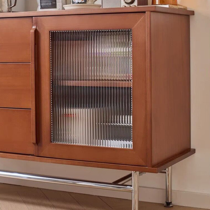 Contemporary Retro Rectangular Pine Wood Sideboard with 3 Drawers – Solid Wood, Boxwood & Multi-Layer Board, Stainless Steel & Glass Storage Cabinet for Living Room