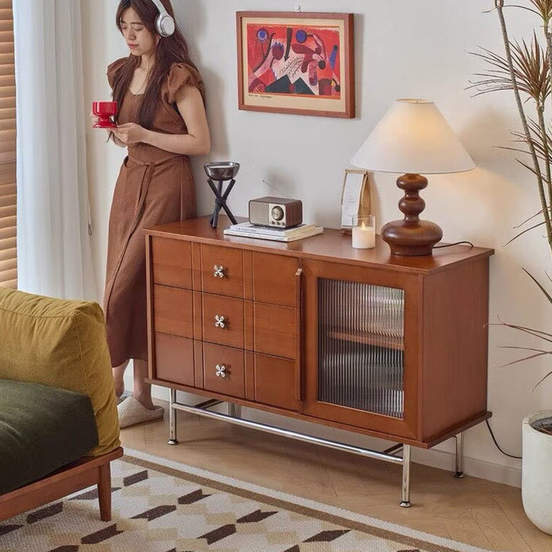 Contemporary Retro Rectangular Pine Wood Sideboard with 3 Drawers – Solid Wood, Boxwood & Multi-Layer Board, Stainless Steel & Glass Storage Cabinet for Living Room