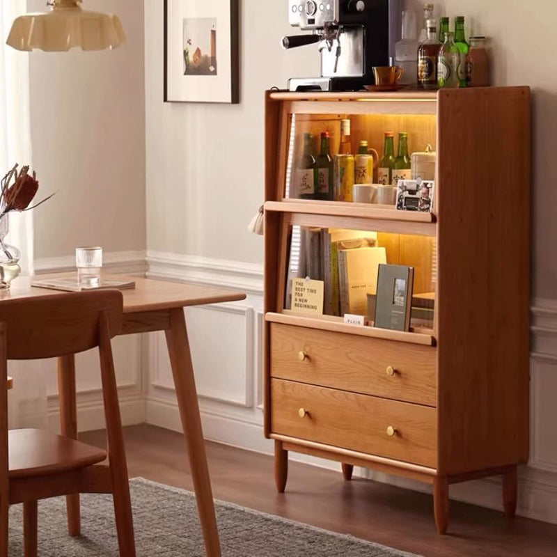 Traditional Japanese Rectangular Solid Pine Wood Sideboard with Glass-Front Storage, Multi-Layer Board Construction, 2 Drawers for Living Room & Dining Room