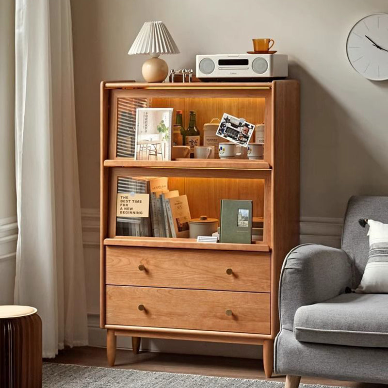 Traditional Japanese Rectangular Solid Pine Wood Sideboard with Glass-Front Storage, Multi-Layer Board Construction, 2 Drawers for Living Room & Dining Room