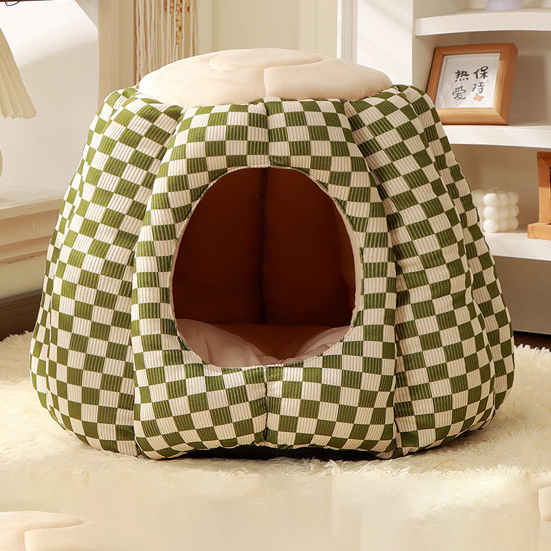 Contemporary Nordic Pineapple Crystal Flannelette PP Cotton Washable Dog & Cat Bed – One-Hole Entrance, Living Room Ready