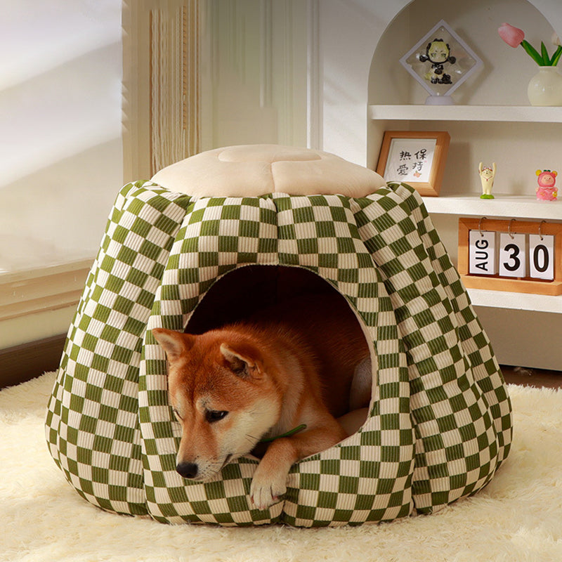 Contemporary Nordic Pineapple Crystal Flannelette PP Cotton Washable Dog & Cat Bed – One-Hole Entrance, Living Room Ready