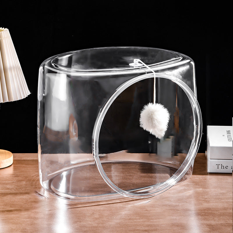 Modern Washable Square Cat Bed – Transparent, Ventilated Plastic Cat House with One Entrance for Living Room