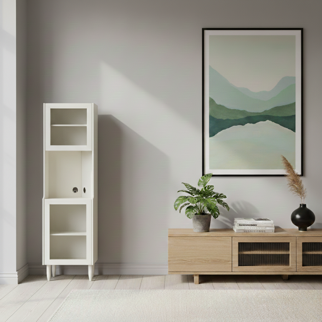 Contemporary Nordic Rubberwood Ripple Glass Corner Sideboard – 5-Cabinet Rectangular Storage for Living Room & Dining Room