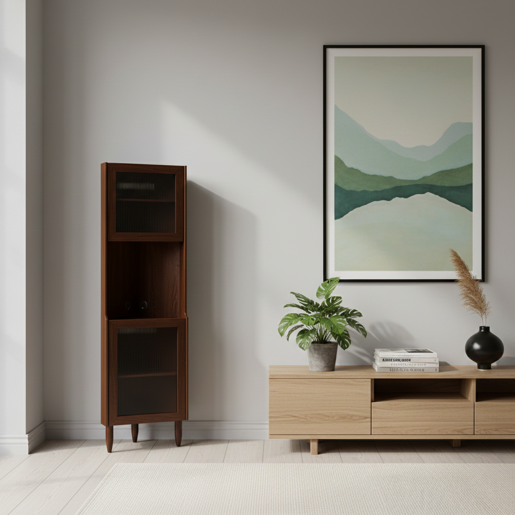 Contemporary Nordic Rubberwood Ripple Glass Corner Sideboard – 5-Cabinet Rectangular Storage for Living Room & Dining Room