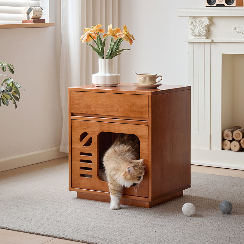 Contemporary Rectangular Cat Bed Nightstand with 1 Drawer — Rubberwood, Plywood & Pine Wood, Modern Bedroom Furniture