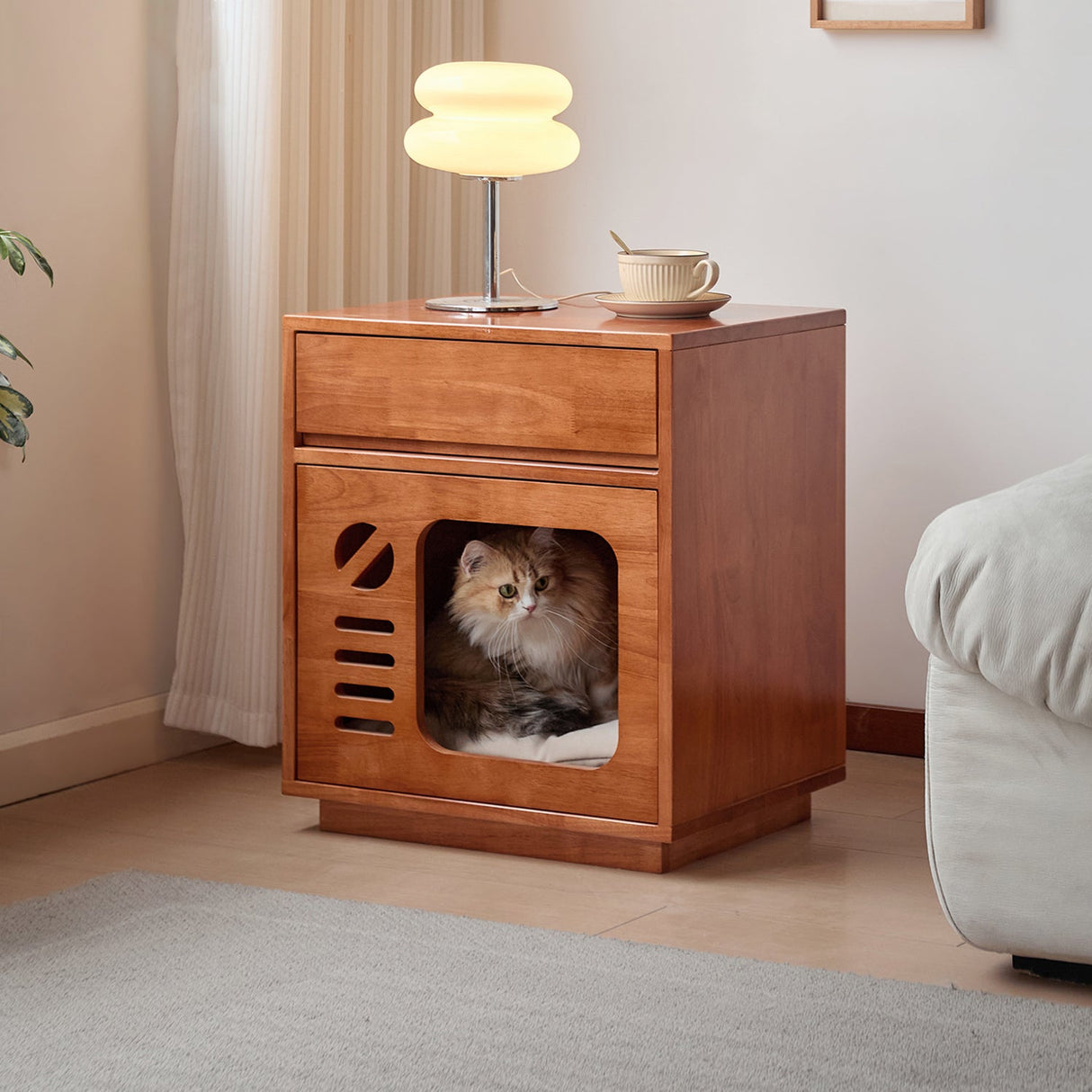 Contemporary Rectangular Cat Bed Nightstand with 1 Drawer — Rubberwood, Plywood & Pine Wood, Modern Bedroom Furniture