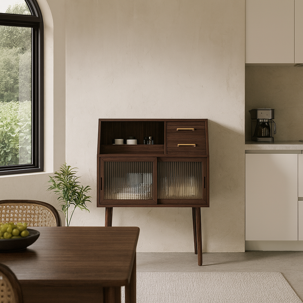 Modern Minimalist Pine Wood Sideboard with 2 Drawers – Solid Wood, Trapezoid Design, Multi-Layer Board for Dining Room