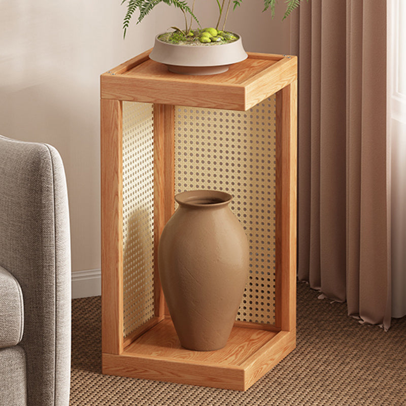 Traditional Rustic Rubberwood 2-Tier Floor-Standing Storage Rack with Plastic Rattan Weave – Rectangular Living Room Organizer