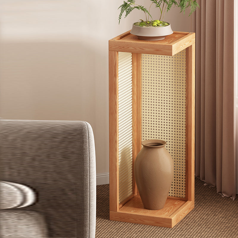 Traditional Rustic Rubberwood 2-Tier Floor-Standing Storage Rack with Plastic Rattan Weave – Rectangular Living Room Organizer