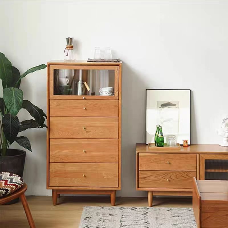 Modern Minimalist Trapezoid Pine Wood Sideboard – 4 Drawers, Large Capacity, Multi-Layer Wood Construction for Dining Room