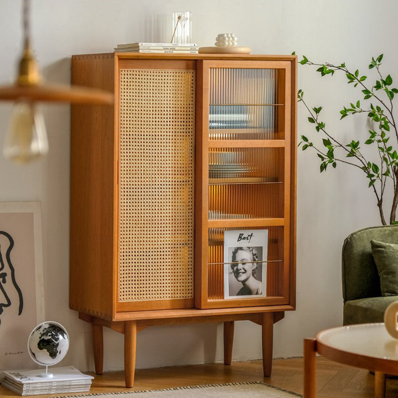 Elegant Traditional Japanese Rectangular Pine Solid Wood Sideboard with Rattan Weaving, Multi-Layer Board, 3/4-Cabinet – Perfect for Living Room & Dining Room