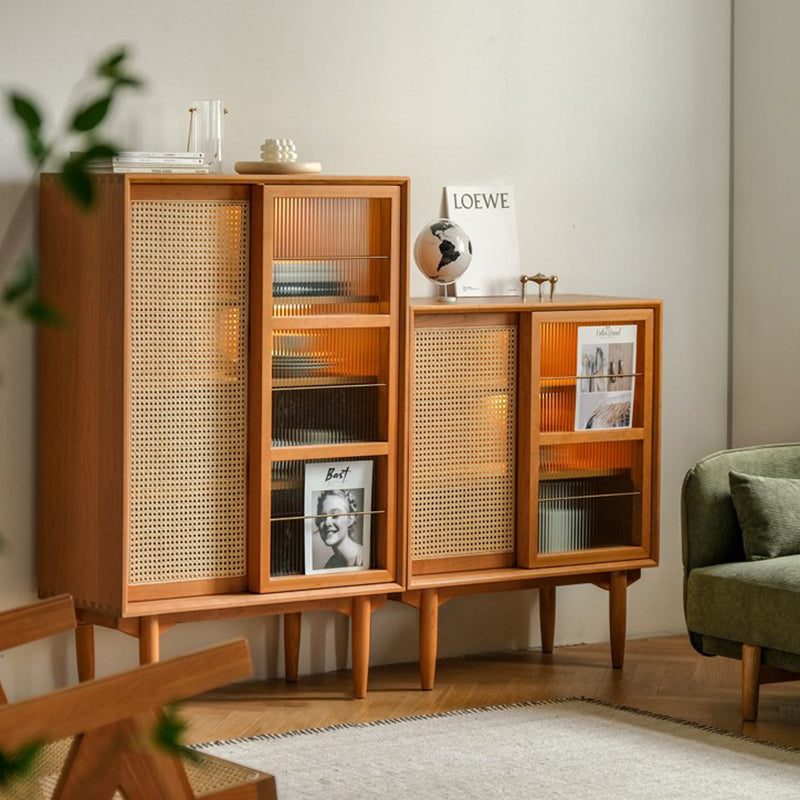 Elegant Traditional Japanese Rectangular Pine Solid Wood Sideboard with Rattan Weaving, Multi-Layer Board, 3/4-Cabinet – Perfect for Living Room & Dining Room