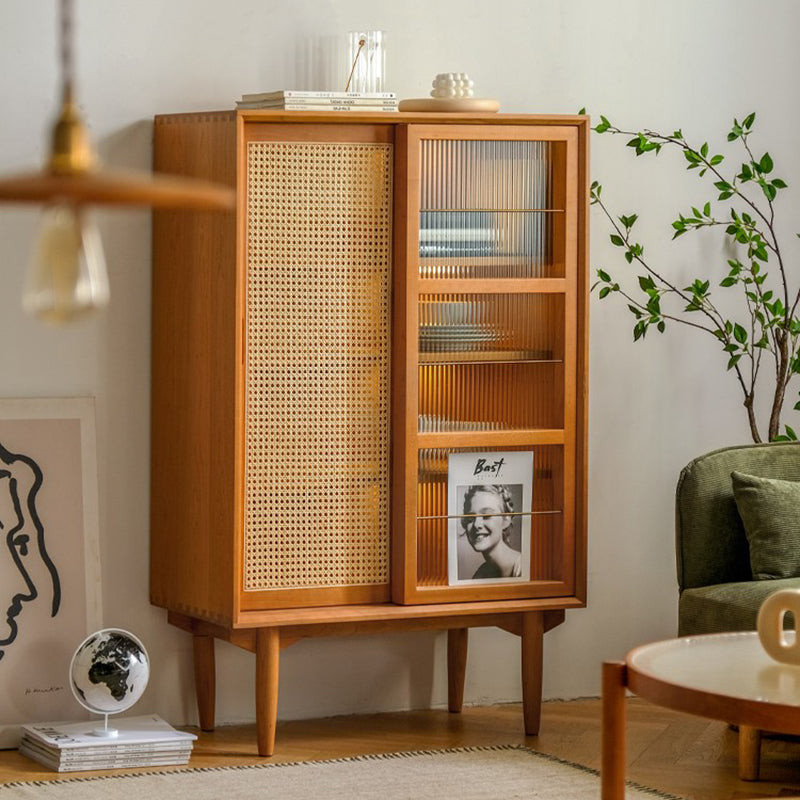Elegant Traditional Japanese Rectangular Pine Solid Wood Sideboard with Rattan Weaving, Multi-Layer Board, 3/4-Cabinet – Perfect for Living Room & Dining Room