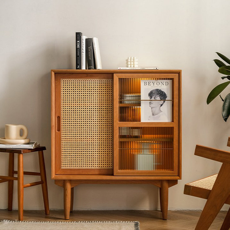 Elegant Traditional Japanese Rectangular Pine Solid Wood Sideboard with Rattan Weaving, Multi-Layer Board, 3/4-Cabinet – Perfect for Living Room & Dining Room