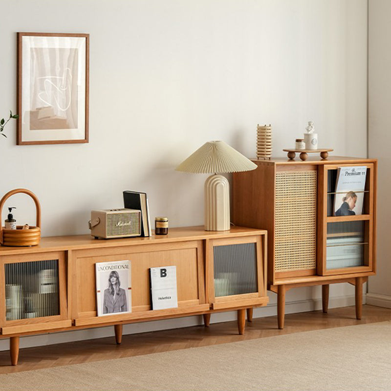 Elegant Traditional Japanese Rectangular Pine Solid Wood Sideboard with Rattan Weaving, Multi-Layer Board, 3/4-Cabinet – Perfect for Living Room & Dining Room