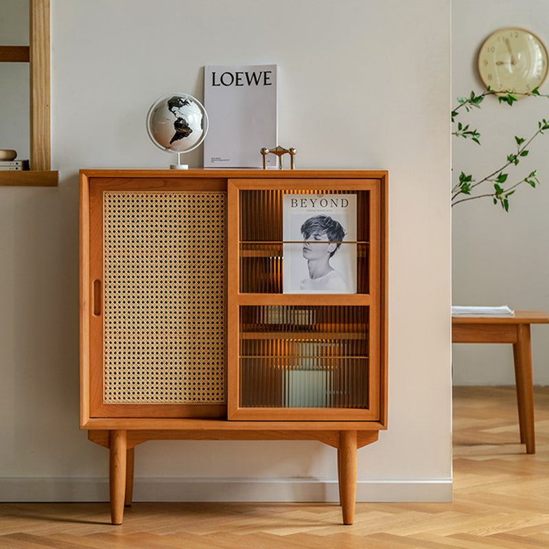 Elegant Traditional Japanese Rectangular Pine Solid Wood Sideboard with Rattan Weaving, Multi-Layer Board, 3/4-Cabinet – Perfect for Living Room & Dining Room