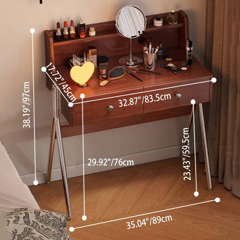 Contemporary Retro Rectangular Makeup Vanity in Rubberwood with Stainless Steel Hardware, 2-Drawer Bedroom Vanity