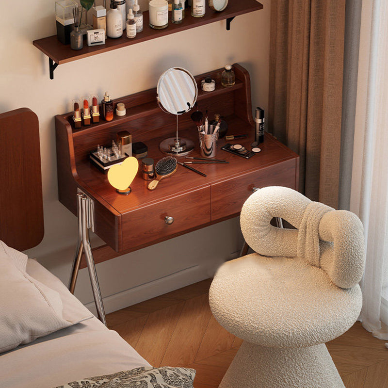 Contemporary Retro Rectangular Makeup Vanity in Rubberwood with Stainless Steel Hardware, 2-Drawer Bedroom Vanity