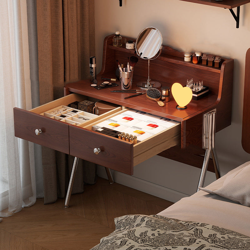 Contemporary Retro Rectangular Makeup Vanity in Rubberwood with Stainless Steel Hardware, 2-Drawer Bedroom Vanity