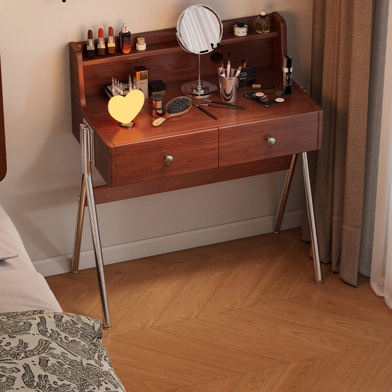 Contemporary Retro Rectangular Makeup Vanity in Rubberwood with Stainless Steel Hardware, 2-Drawer Bedroom Vanity